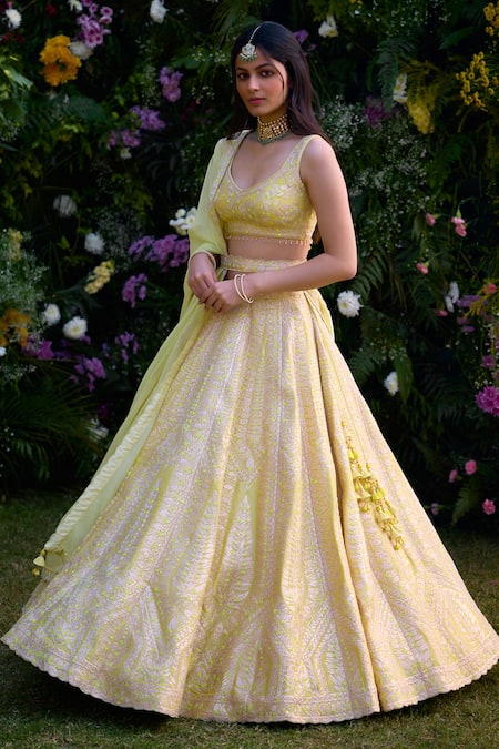 Shyam Narayan Prasad_Yellow Raw Silk Embroidered Gota Leaf Neck Lehenga Set With Belt _Online_at_Aza_Fashions