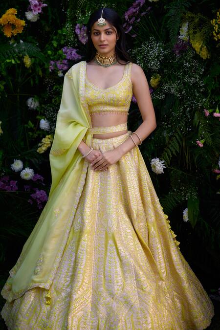 Shop_Shyam Narayan Prasad_Yellow Raw Silk Embroidered Gota Leaf Neck Lehenga Set With Belt _Online_at_Aza_Fashions