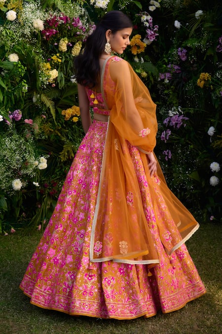Shop_Shyam Narayan Prasad_Orange Raw Silk Embroidered Gota Leaf Neck Thread Lehenga Set With Belt _at_Aza_Fashions