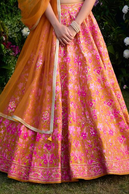 Shyam Narayan Prasad_Orange Raw Silk Embroidered Gota Leaf Neck Thread Lehenga Set With Belt _Online_at_Aza_Fashions