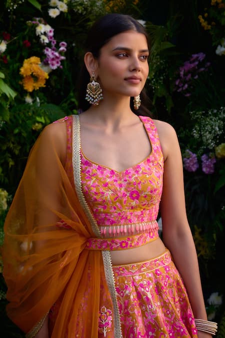 Buy_Shyam Narayan Prasad_Orange Raw Silk Embroidered Gota Leaf Neck Thread Lehenga Set With Belt _Online_at_Aza_Fashions