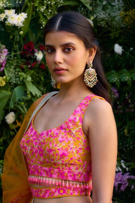 Shop_Shyam Narayan Prasad_Orange Raw Silk Embroidered Gota Leaf Neck Thread Lehenga Set With Belt _Online_at_Aza_Fashions