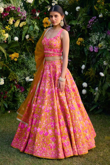 Shyam Narayan Prasad_Orange Raw Silk Embroidered Gota Leaf Neck Thread Lehenga Set With Belt _at_Aza_Fashions