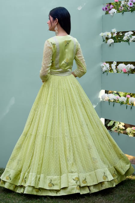 Shop_Shyam Narayan Prasad_Yellow Chanderi, Georgette, Modal, Satin Embroidery, Angrakha Lehenga Set _at_Aza_Fashions