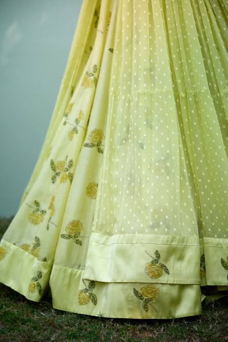Buy_Shyam Narayan Prasad_Yellow Chanderi, Georgette, Modal, Satin Embroidery, Angrakha Lehenga Set 