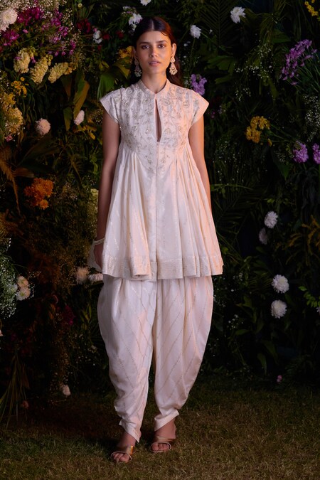 Shyam Narayan Prasad Ivory Silk Brocade Embroidered Zardosi Notched Top And Dhoti Pant Set 