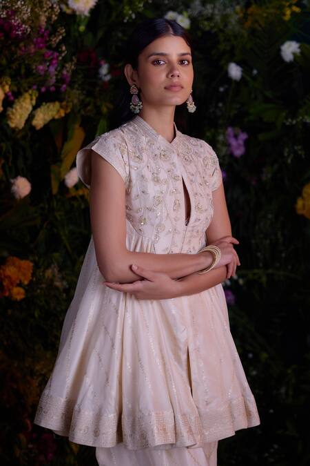 Shyam Narayan Prasad Ivory Silk Brocade Embroidered Zardosi Notched Top And Dhoti Pant Set Online at Aza Fashions Shyam Narayan Prasad_Ivory Silk Brocade Embroidered Zardosi Notched Top And Dhoti Pant Set _Online_at_Aza_Fashions