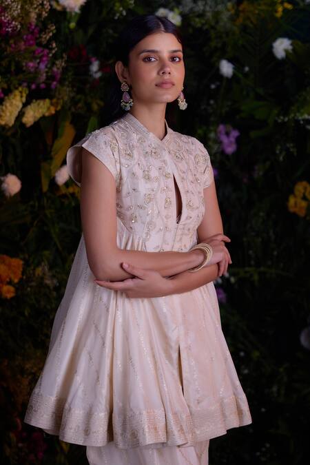 Shop Shyam Narayan Prasad Ivory Silk Brocade Embroidered Zardosi Notched Top And Dhoti Pant Set Online at Aza Fashions Shop_Shyam Narayan Prasad_Ivory Silk Brocade Embroidered Zardosi Notched Top And Dhoti Pant Set _Online_at_Aza_Fashions
