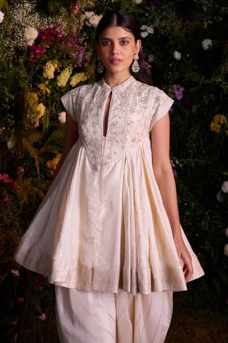 Shyam Narayan Prasad Ivory Silk Brocade Embroidered Zardosi Notched Top And Dhoti Pant Set at Aza Fashions Shyam Narayan Prasad_Ivory Silk Brocade Embroidered Zardosi Notched Top And Dhoti Pant Set _at_Aza_Fashions