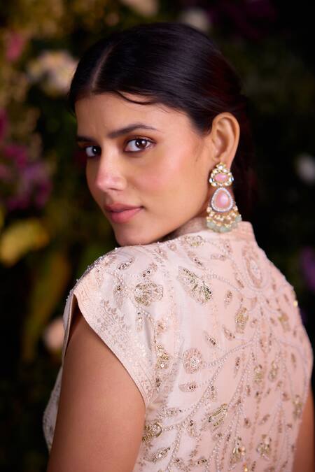 Buy Shyam Narayan Prasad Ivory Silk Brocade Embroidered Zardosi Notched Top And Dhoti Pant Set Buy_Shyam Narayan Prasad_Ivory Silk Brocade Embroidered Zardosi Notched Top And Dhoti Pant Set