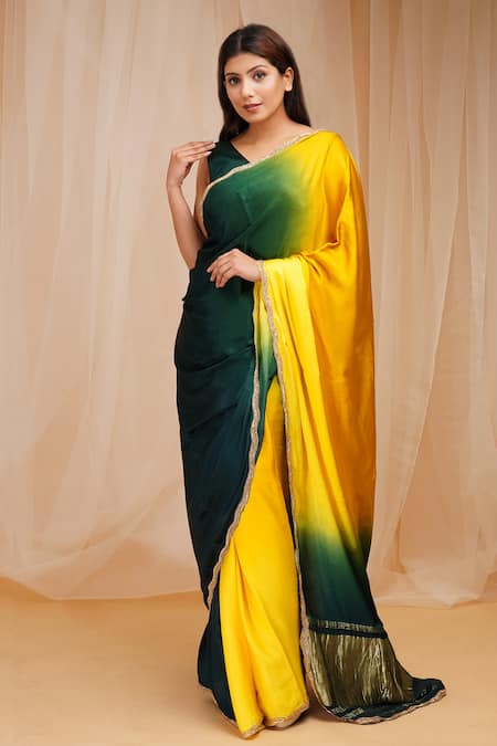 Farha Syed Green Gajji Satin Silk Embroidered Cutdana 4d Dyed Pre-draped Saree With Blouse