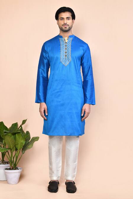 Arihant Rai Sinha_Blue Cotton Embroidery Printed Placket Kurta _Online_at_Aza_Fashions