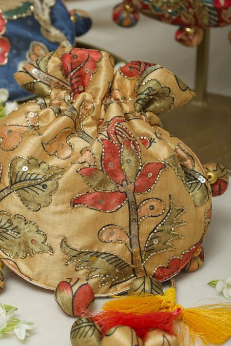 Buy Ozel Yellow Sequin Kalamkari Print Potli Bag Online at Aza Fashions Buy_Ozel_Yellow Sequin Kalamkari Print Potli Bag _Online_at_Aza_Fashions