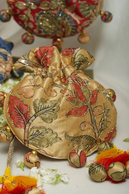 Shop Ozel Yellow Sequin Kalamkari Print Potli Bag Online at Aza Fashions Shop_Ozel_Yellow Sequin Kalamkari Print Potli Bag _Online_at_Aza_Fashions