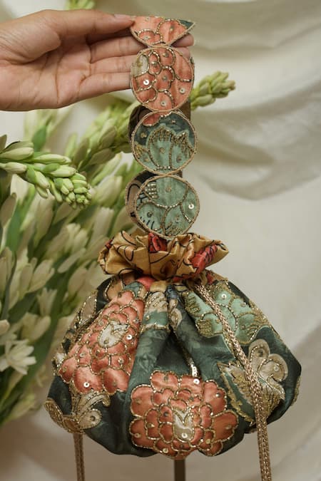 Shop Ozel Green Cut Work, Sequins Floral Print Potli Bag at Aza Fashions Shop_Ozel_Green Cut Work, Sequins Floral Print Potli Bag _at_Aza_Fashions