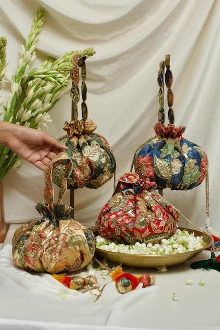 Ozel Green Cut Work, Sequins Floral Print Potli Bag Online at Aza Fashions Ozel_Green Cut Work, Sequins Floral Print Potli Bag _Online_at_Aza_Fashions