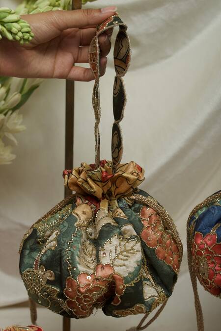 Buy Ozel Green Cut Work, Sequins Floral Print Potli Bag Online at Aza Fashions Buy_Ozel_Green Cut Work, Sequins Floral Print Potli Bag _Online_at_Aza_Fashions