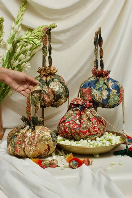 Ozel Blue Sequin Kalamkari Print Gol Potli Bag Online at Aza Fashions Ozel_Blue Sequin Kalamkari Print Gol Potli Bag _Online_at_Aza_Fashions