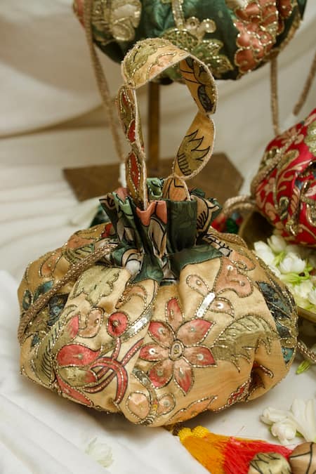 Shop Ozel Yellow Sequin Kalamkari Embroidered And Printed Potli Bag at Aza Fashions Shop_Ozel_Yellow Sequin Kalamkari Embroidered And Printed Potli Bag _at_Aza_Fashions