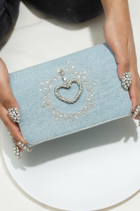 Ozel Denim Heart Embroidered Charm Clutch 