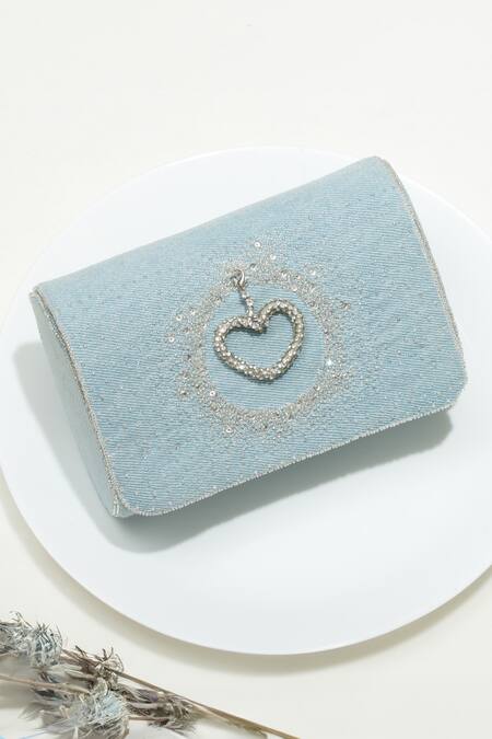 Buy Ozel Blue Stone Denim Heart Embroidered Charm Clutch Online at Aza Fashions Buy_Ozel_Blue Stone Denim Heart Embroidered Charm Clutch _Online_at_Aza_Fashions