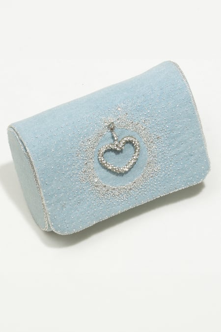 Shop Ozel Blue Stone Denim Heart Embroidered Charm Clutch at Aza Fashions Shop_Ozel_Blue Stone Denim Heart Embroidered Charm Clutch _at_Aza_Fashions