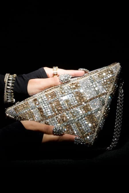 Shop Ozel Gold Rhinestone Triangle Shaped Bag at Aza Fashions Shop_Ozel_Gold Rhinestone Triangle Shaped Bag _at_Aza_Fashions