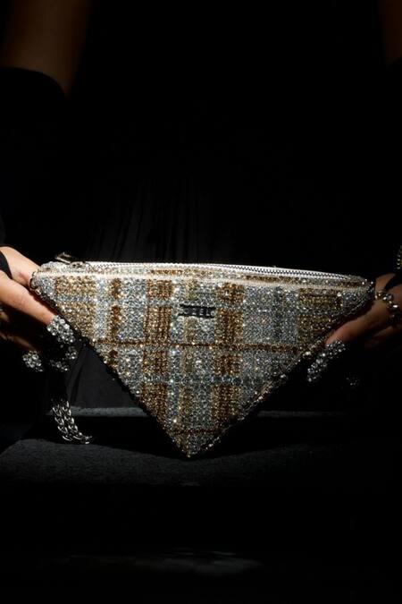 Ozel Gold Rhinestone Triangle Shaped Bag Online at Aza Fashions Ozel_Gold Rhinestone Triangle Shaped Bag _Online_at_Aza_Fashions