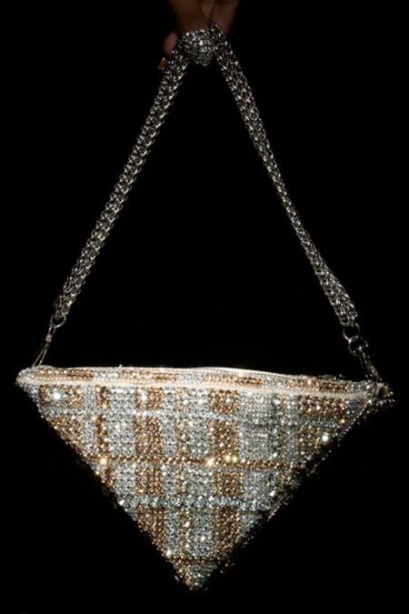 Buy Ozel Gold Rhinestone Triangle Shaped Bag Online at Aza Fashions Buy_Ozel_Gold Rhinestone Triangle Shaped Bag _Online_at_Aza_Fashions