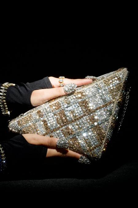 Shop Ozel Gold Rhinestone Triangle Shaped Bag Online at Aza Fashions Shop_Ozel_Gold Rhinestone Triangle Shaped Bag _Online_at_Aza_Fashions