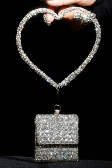 Shop Ozel Silver Crystals Studded Charm Bag at Aza Fashions Shop_Ozel_Silver Crystals Studded Charm Bag _at_Aza_Fashions