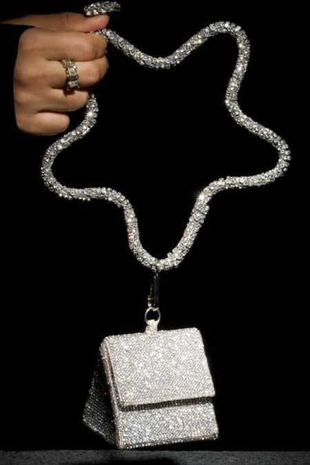 Shop Ozel Silver Crystal Embellished Charm Nano Bag at Aza Fashions Shop_Ozel_Silver Crystal Embellished Charm Nano Bag _at_Aza_Fashions