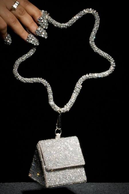 Ozel Silver Crystal Embellished Charm Nano Bag Online at Aza Fashions Ozel_Silver Crystal Embellished Charm Nano Bag _Online_at_Aza_Fashions