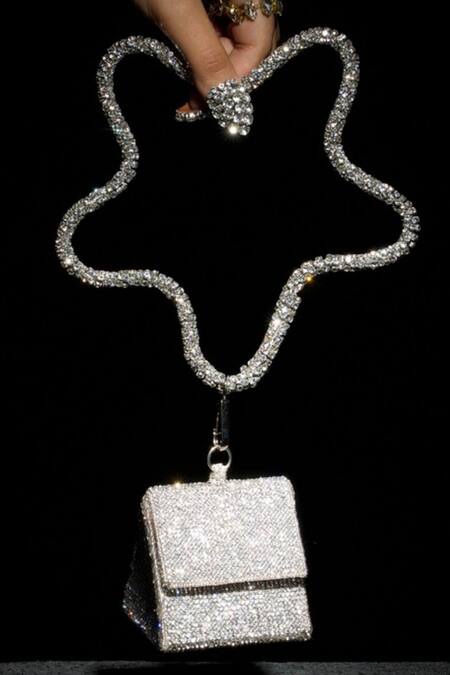 Buy Ozel Silver Crystal Embellished Charm Nano Bag Online at Aza Fashions Buy_Ozel_Silver Crystal Embellished Charm Nano Bag _Online_at_Aza_Fashions