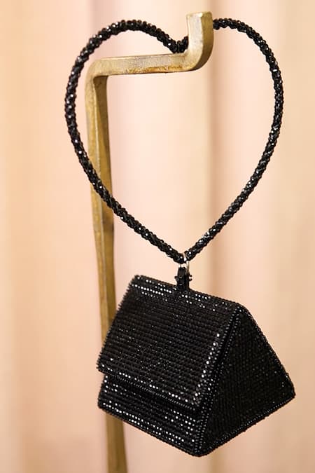 Ozel Black Crystal Triangle Shaped Charm Bag Online at Aza Fashions Ozel_Black Crystal Triangle Shaped Charm Bag _Online_at_Aza_Fashions
