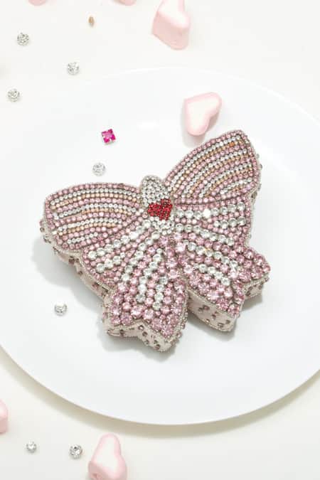 Ozel Pink Rhinestone Bow Arm Candy Embellished Clutch Online at Aza Fashions Ozel_Pink Rhinestone Bow Arm Candy Embellished Clutch _Online_at_Aza_Fashions