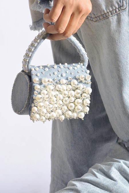 Shop Ozel Blue Stone Denim Bijoux Pearl Embroidered Mini Flap Bag at Aza Fashions Shop_Ozel_Blue Stone Denim Bijoux Pearl Embroidered Mini Flap Bag _at_Aza_Fashions