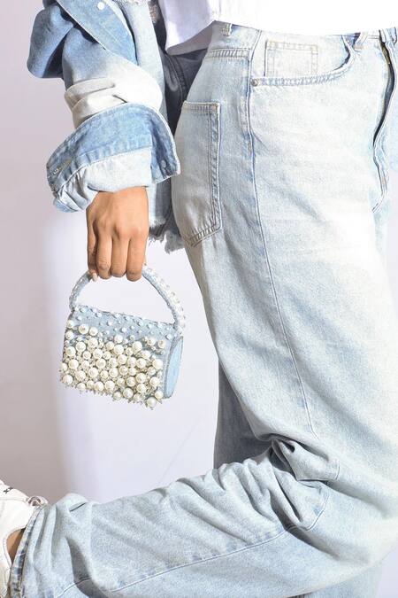 Ozel Blue Stone Denim Bijoux Pearl Embroidered Mini Flap Bag Online at Aza Fashions Ozel_Blue Stone Denim Bijoux Pearl Embroidered Mini Flap Bag _Online_at_Aza_Fashions