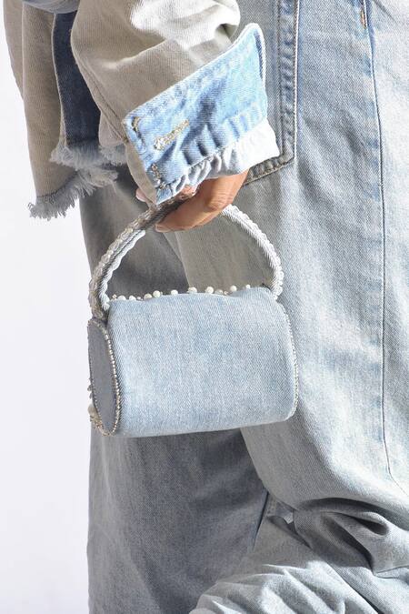 Buy Ozel Blue Stone Denim Bijoux Pearl Embroidered Mini Flap Bag Online at Aza Fashions Buy_Ozel_Blue Stone Denim Bijoux Pearl Embroidered Mini Flap Bag _Online_at_Aza_Fashions