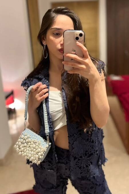 Shop Ozel Blue Stone Denim Bijoux Pearl Embroidered Mini Flap Bag Online at Aza Fashions Shop_Ozel_Blue Stone Denim Bijoux Pearl Embroidered Mini Flap Bag _Online_at_Aza_Fashions