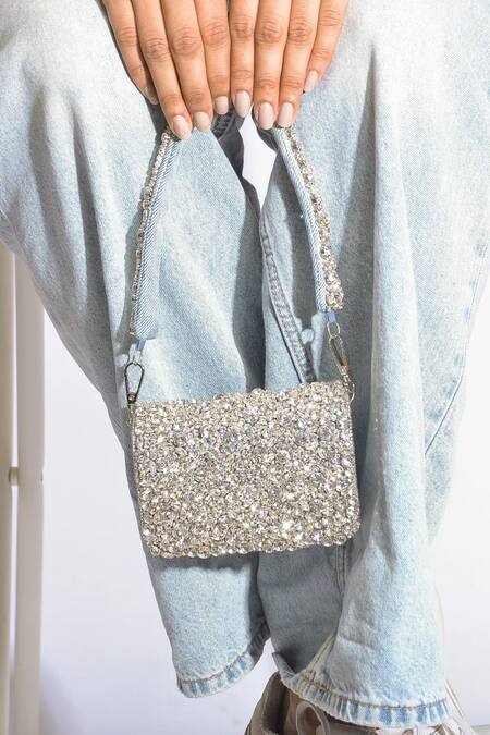 Buy Ozel Blue Rhinestone Denim Embroidered Flap Bag Online at Aza Fashions Buy_Ozel_Blue Rhinestone Denim Embroidered Flap Bag _Online_at_Aza_Fashions