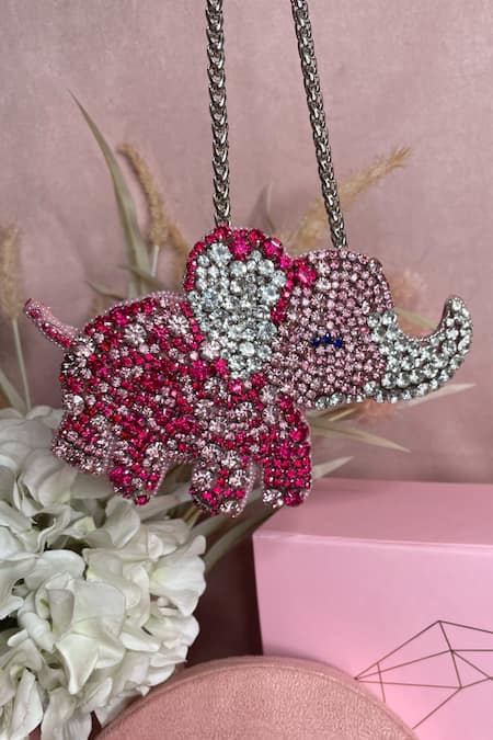 Ozel Pink Rhinestones Elephant Studded Mini Bag Online at Aza Fashions Ozel_Pink Rhinestones Elephant Studded Mini Bag _Online_at_Aza_Fashions