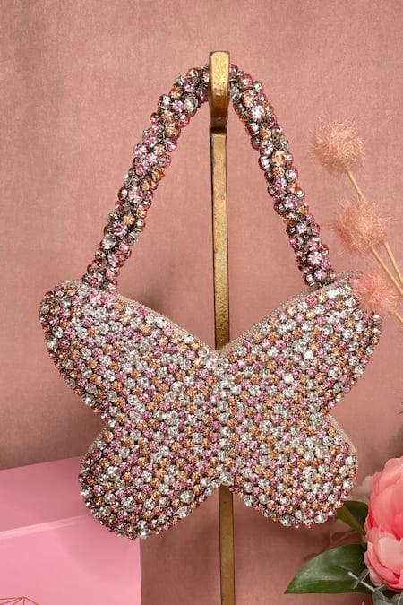 Ozel_Pink Rhinestone Butterfly Studded Mini Bag _Online_at_Aza_Fashions