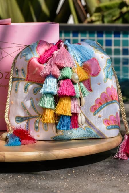 Shop Ozel Pink Sequin Abstract Floral Print Bucket Bag at Aza Fashions Shop_Ozel_Pink Sequin Abstract Floral Print Bucket Bag _at_Aza_Fashions