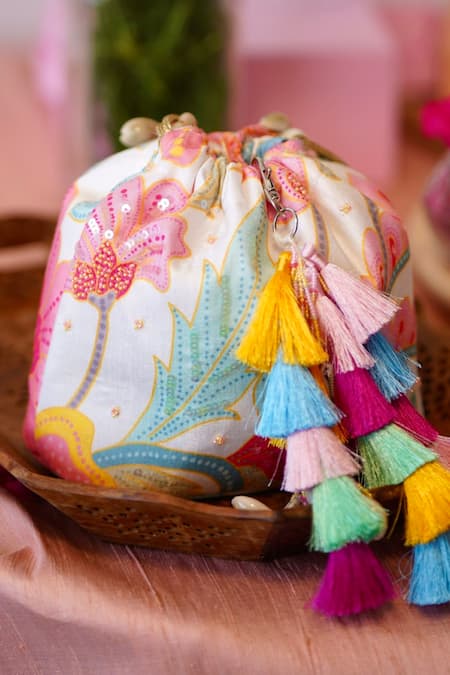 Ozel Pink Sequin Abstract Floral Print Bucket Bag Online at Aza Fashions Ozel_Pink Sequin Abstract Floral Print Bucket Bag _Online_at_Aza_Fashions