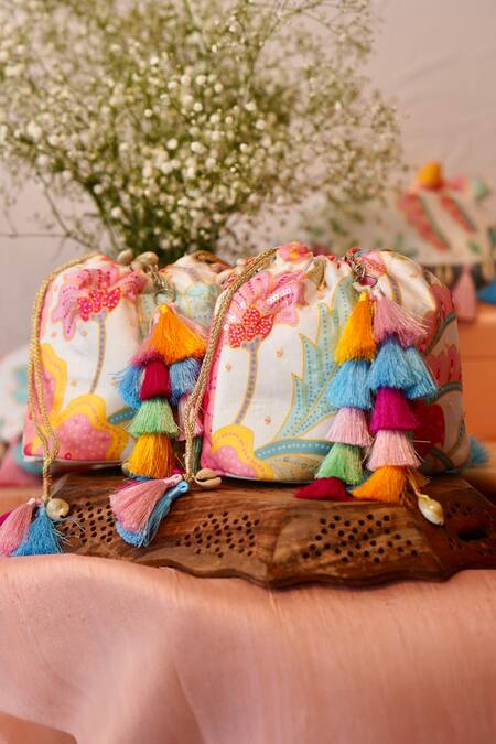 Shop Ozel Pink Sequin Abstract Floral Print Bucket Bag Online at Aza Fashions Shop_Ozel_Pink Sequin Abstract Floral Print Bucket Bag _Online_at_Aza_Fashions