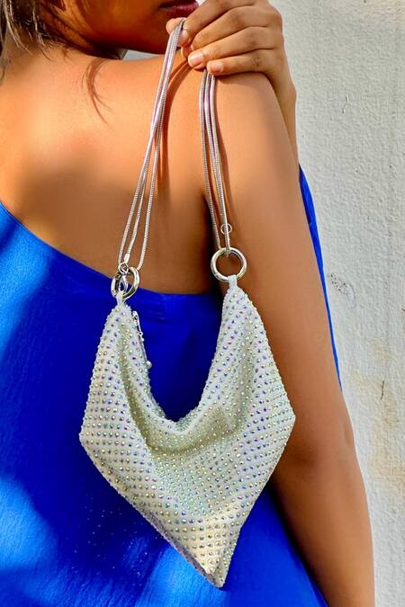 Ozel White Crystal Sasha Studded Bling Bag at Aza Fashions Ozel_White Crystal Sasha Studded Bling Bag _at_Aza_Fashions