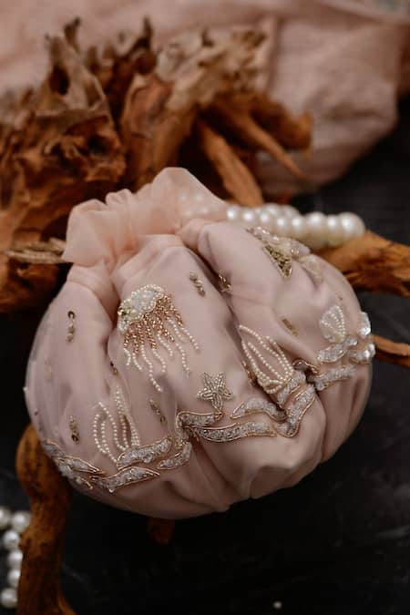 Shop_Ozel_Pink Cut Work, Pearls, Sequins Ariel Sea Life Embroidered Potli Bag _at_Aza_Fashions