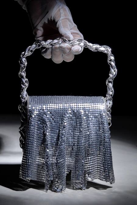 Buy_Ozel_Silver Metallic Mesh Shimmer Flap Bag _Online_at_Aza_Fashions
