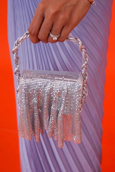 Shop_Ozel_Silver Metallic Mesh Shimmer Flap Bag _Online_at_Aza_Fashions
